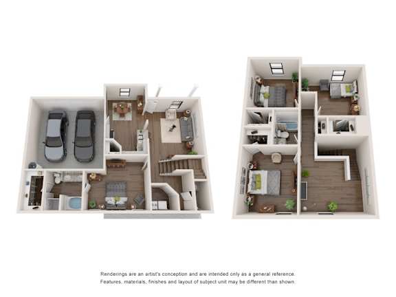 Two floor plans of a house with a kitchen, living room, bedrooms and bathrooms.