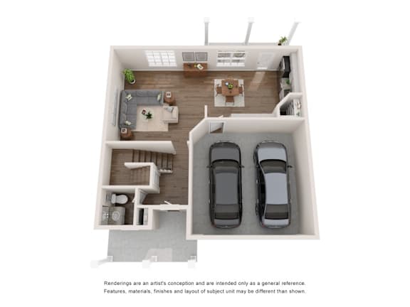 A top-down view of a house interior with two cars parked in the garage.