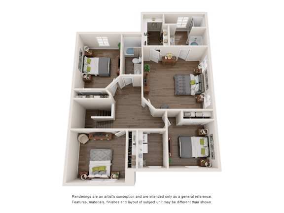 A floor plan of a house with three bedrooms, a living room, a kitchen, and a bathroom.