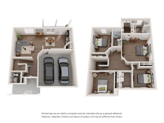 Two floor plan images of a house with a kitchen, living room, bedrooms and bathrooms.