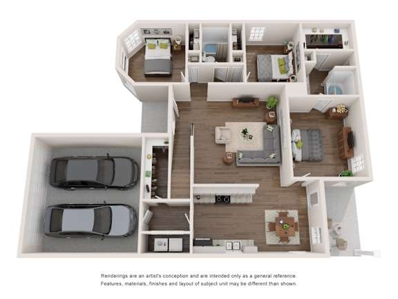 A floor plan of a house with a living room, dining room, kitchen, and two bedrooms.