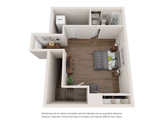 A 3D floor plan of a house with a kitchen, living room, and bathroom.