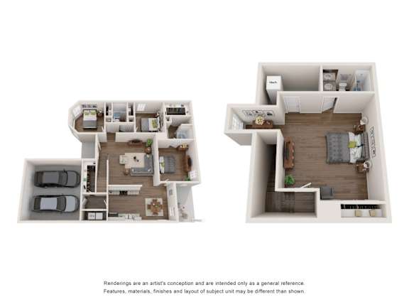 Two floor plans of a house with a kitchen, living room, bedrooms and bathrooms.