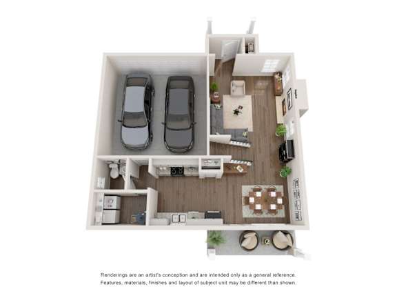 A floor plan of a house with two cars parked in the garage.