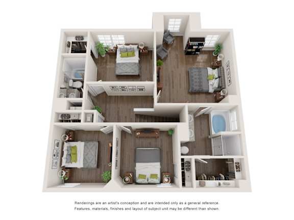 A 3D floor plan of a small apartment with a kitchen, living room, and bedrooms.