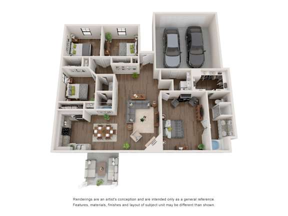 A floor plan of a house with a garage and a kitchen.