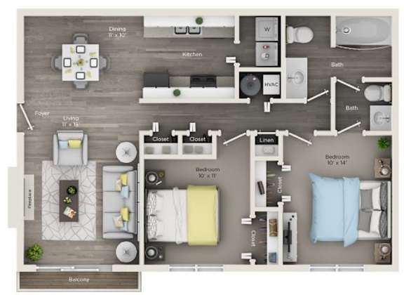 A floor plan of a house with a living room, dining room, kitchen, and bathrooms.