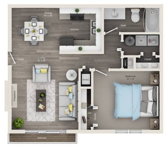 A floor plan of a house showing a living room, dining room, kitchen, and two bedrooms.