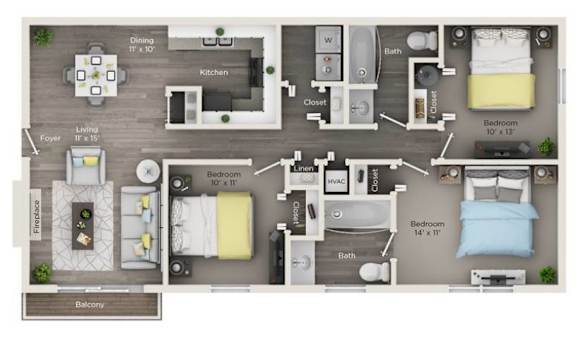 A floor plan of an apartment with two bedrooms, a living area, a kitchen, a bathroom, a dining area, and a balcony.