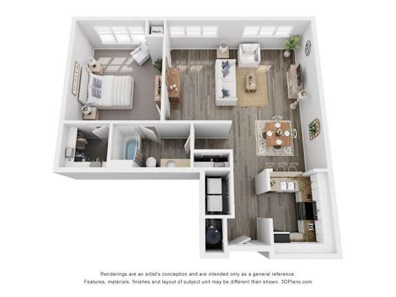 A 3D floor plan of a house with a kitchen, living room, and two bedrooms.
