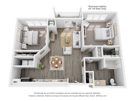 A 3D floor plan of a house with a sunroom option on the first floor.