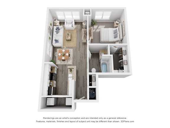 A 3D floor plan of a house with a kitchen, living room, and two bedrooms.