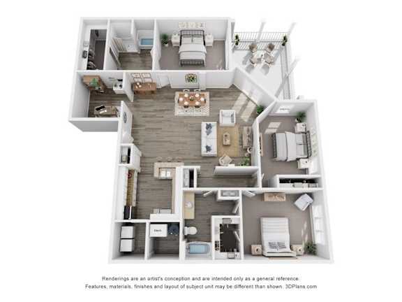 A 3D floor plan of a house with a kitchen, living room, dining room, and bedrooms.
