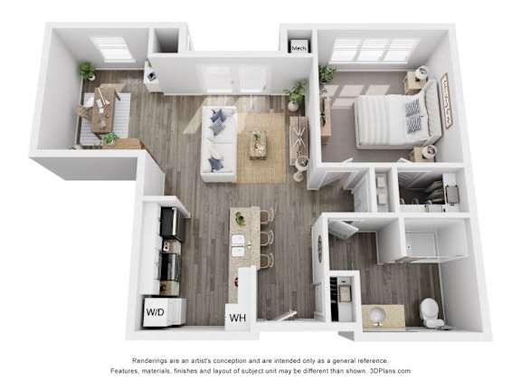 A 3D floor plan of a house with labeled rooms.