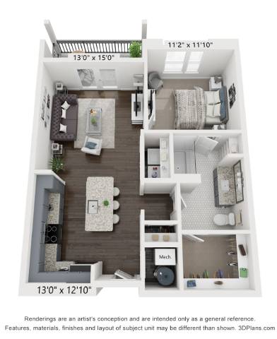 A 3D floor plan of a small apartment with a kitchen, living room, and bathroom.
