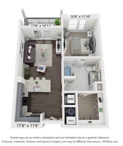 A 3D floor plan of a small apartment with a living room, kitchen, and bathroom.
