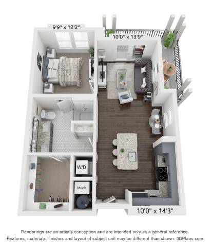 A 3D floor plan of a small apartment with a kitchen, living room, and bedroom.