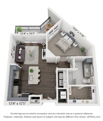 A 3D floor plan of a small apartment with a kitchen, living room, and bathroom.