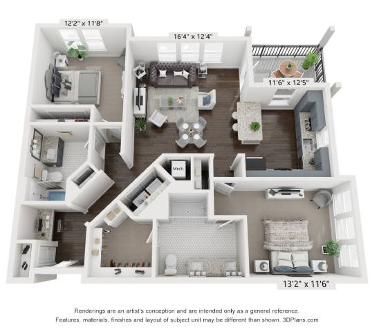 A 3D floor plan of a house with a living room, kitchen, and two bedrooms.