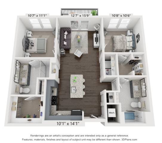 A 3D floor plan of a small apartment with a kitchen, living room, and bedrooms.