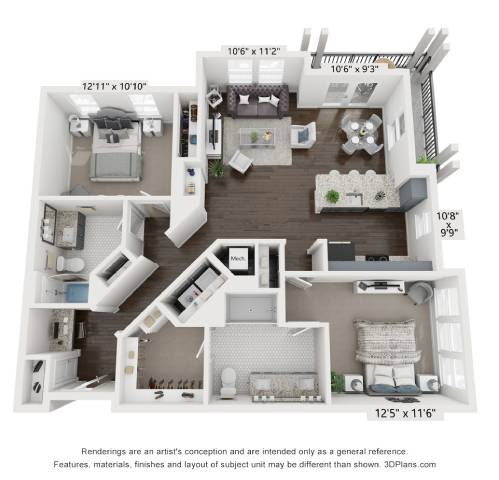 A 3D floor plan of a two-bedroom apartment.