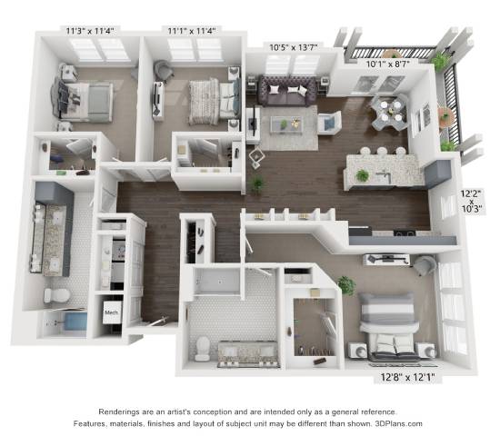 A 3D floor plan of a small apartment with a kitchen, living room, and two bedrooms.