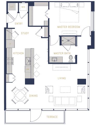 A floor plan of a house with a master bedroom, a study, a kitchen, a dining area, and a terrace.
