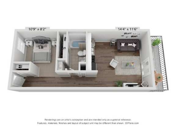 a stylized floor plan with a bedroom and a living room