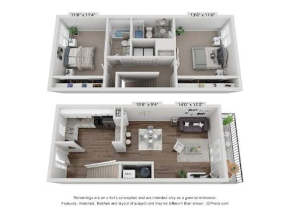 a stylized floor plan with a bedroom and a living room