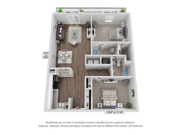 simulated floor plan for 1 bedroom floor plan  apartments at the residences at