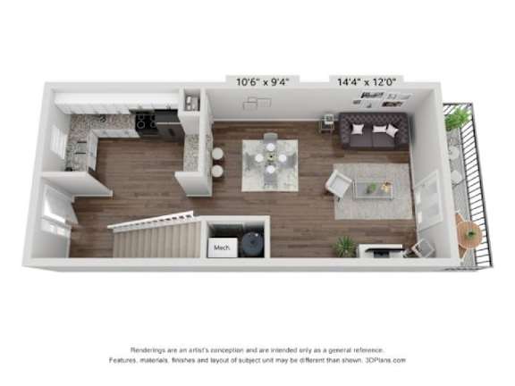 a 1 bedroom floor plan with a bathroom and a balcony