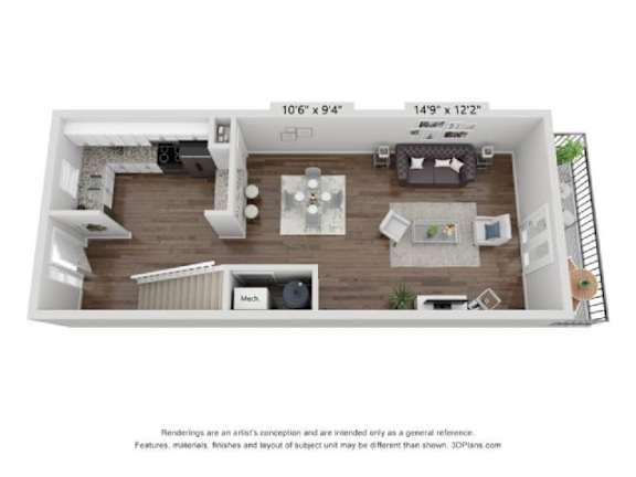 a 1 bedroom floorplan with a bathroom and a living room