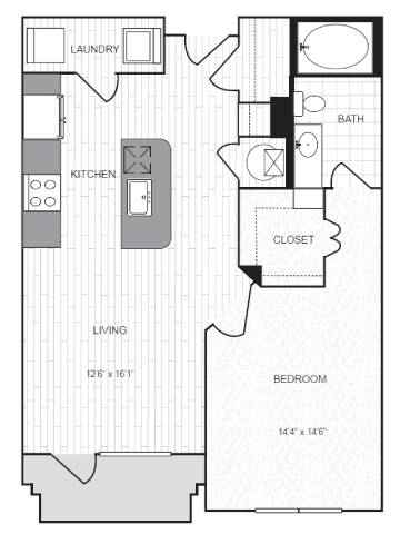 A floor plan of a house with a laundry room, kitchen, living room, bedroom, bathroom, and closet.