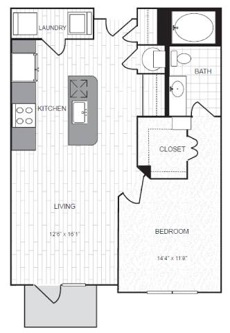 A floor plan of a small apartment with a living room, kitchen, bedroom, bathroom, and laundry area.