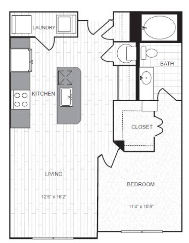 A floor plan of a small apartment with a living room, kitchen, bathroom, and bedroom.