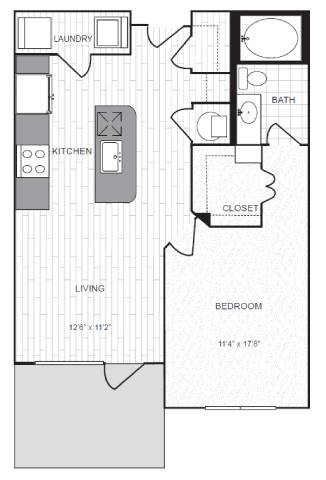 A floor plan of a small apartment with a living room, bedroom, kitchen, and bathroom.