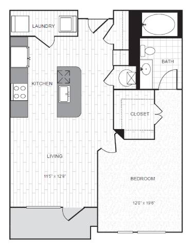A floor plan of a small apartment with a living room, kitchen, bathroom, bedroom, and closet.