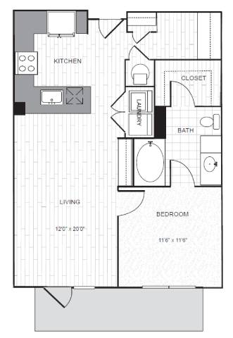 A floor plan of a small apartment with a living room, bedroom, kitchen, and bathroom.
