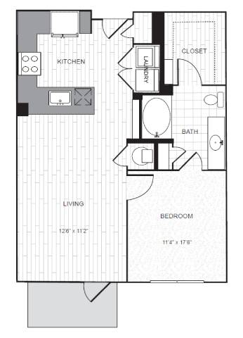 A floor plan of a small apartment with a living room, bedroom, kitchen, and bathroom.