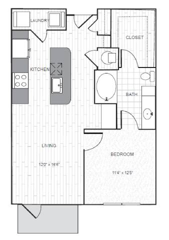 A floor plan of a small apartment with a living room, kitchen, bedroom, bathroom, and laundry area.