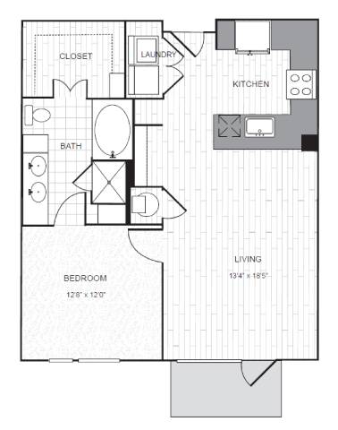 A floor plan of a small apartment with a bedroom, bathroom, kitchen, and living room.