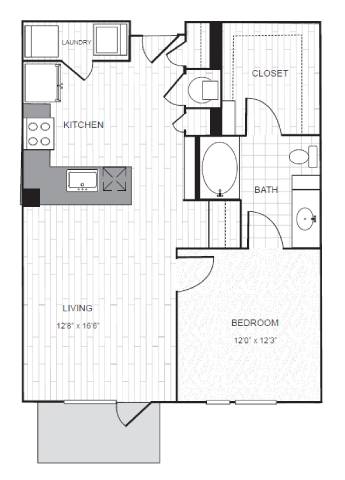 A floor plan of a small apartment with a living room, kitchen, bathroom, bedroom, and closet.