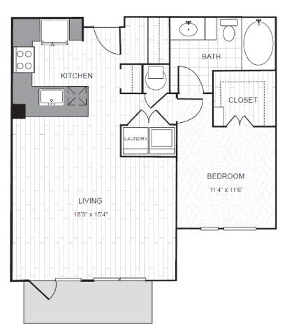 A floor plan of a small apartment with a living room, kitchen, bathroom, bedroom, and laundry area.