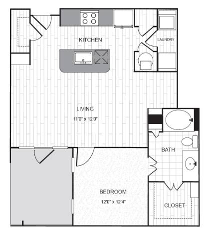 A floor plan of a small apartment with a kitchen, living room, bedroom, bathroom, and laundry room.