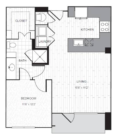 A floor plan of a living space with a bedroom, bathroom, laundry, and kitchen.