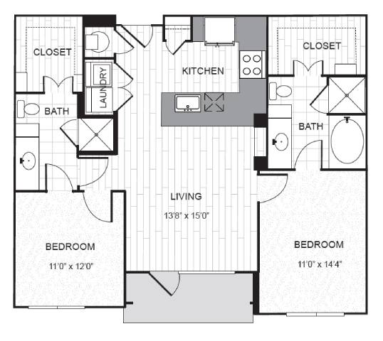 A black and white floor plan of a two bedroom apartment.