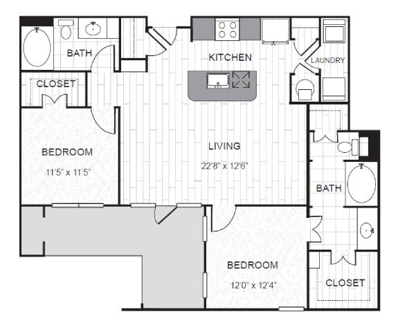 A floor plan of a house with two bedrooms, a living room, a kitchen, a bathroom, and a closet.