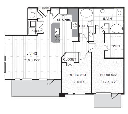 A floor plan of a home with a living area, kitchen, bathrooms, and bedrooms.