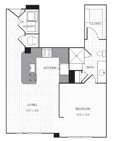 A floor plan of a small apartment with a living room, kitchen, bathroom, and bedroom.