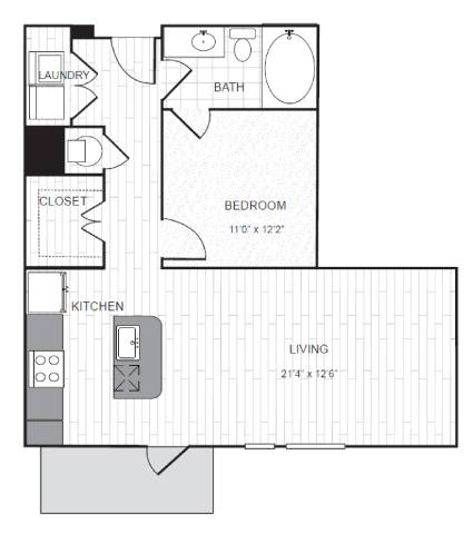 A floor plan of a small apartment with a bedroom, living room, kitchen, closet, and laundry area.